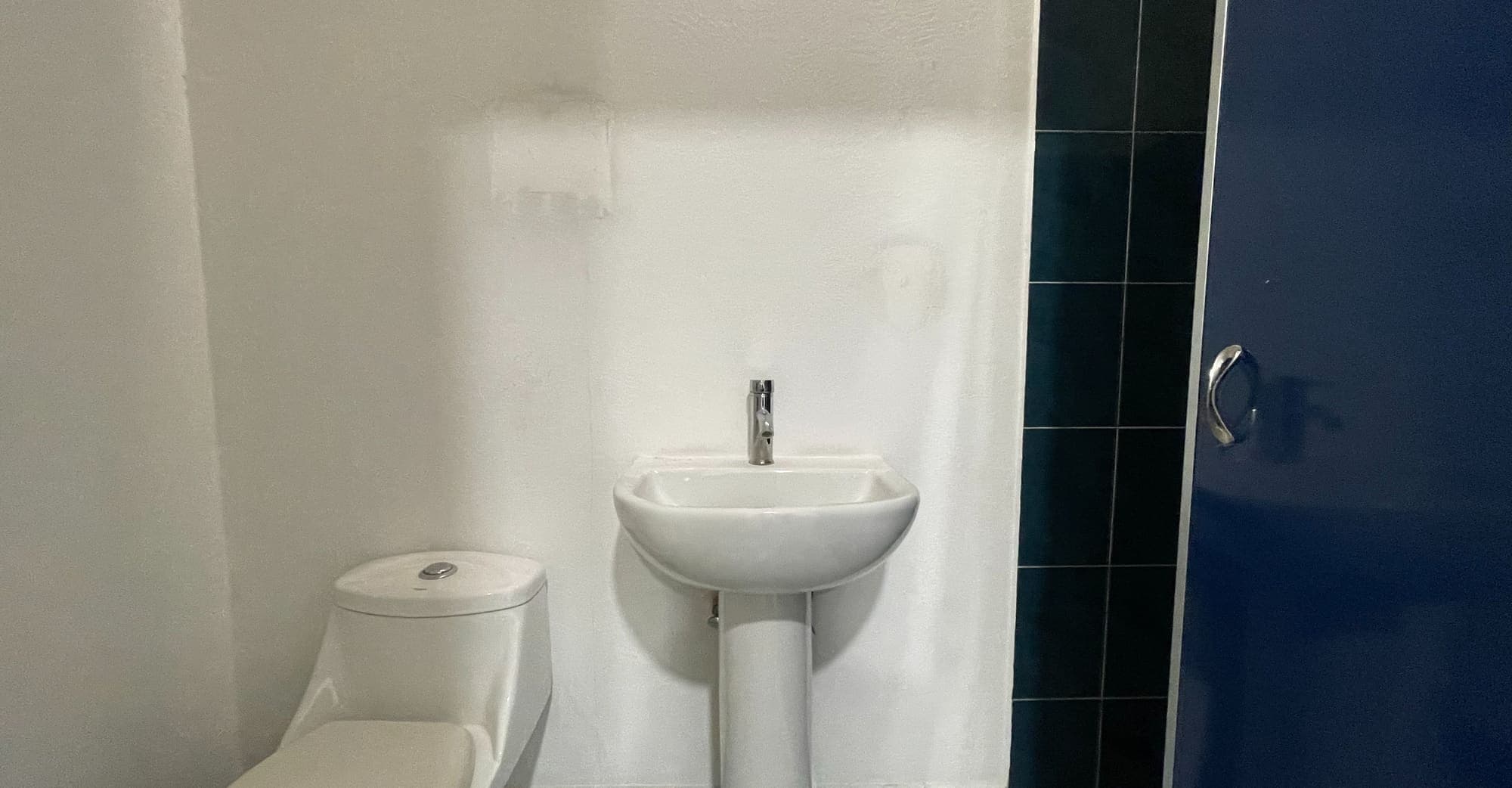 Baño de camerino con lavabo, inodoro y puerta azul.