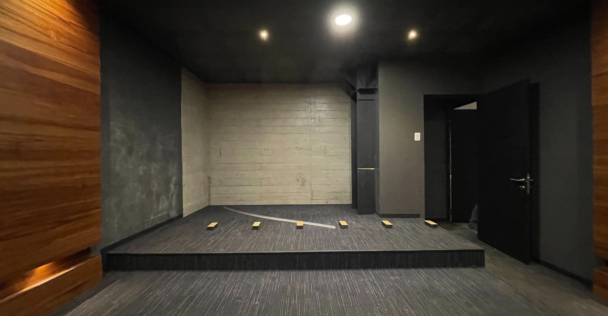 Sala oscura con tarima, lambrín de madera e iluminación empotrada.